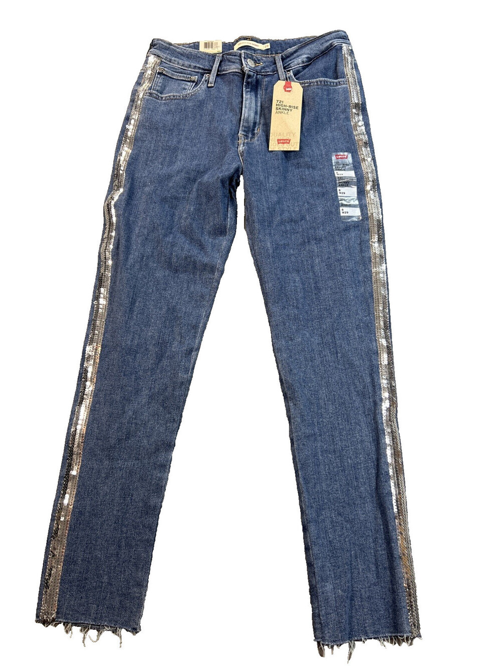 Levi’s 721 NWT High Rise Skinny Ankle Jean 29x25.5 Sequined Stripe Raw Hem